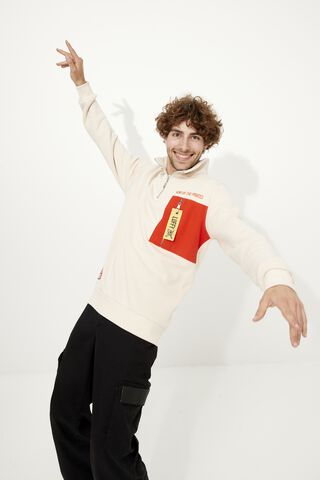 Sweat - One Piece - Sweat Luffy Beige Avec Zip 3/4 + Poche Rouge - Taille S